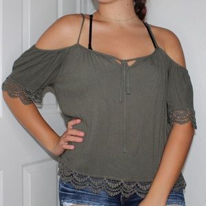 Army green top with shoulder cut outs